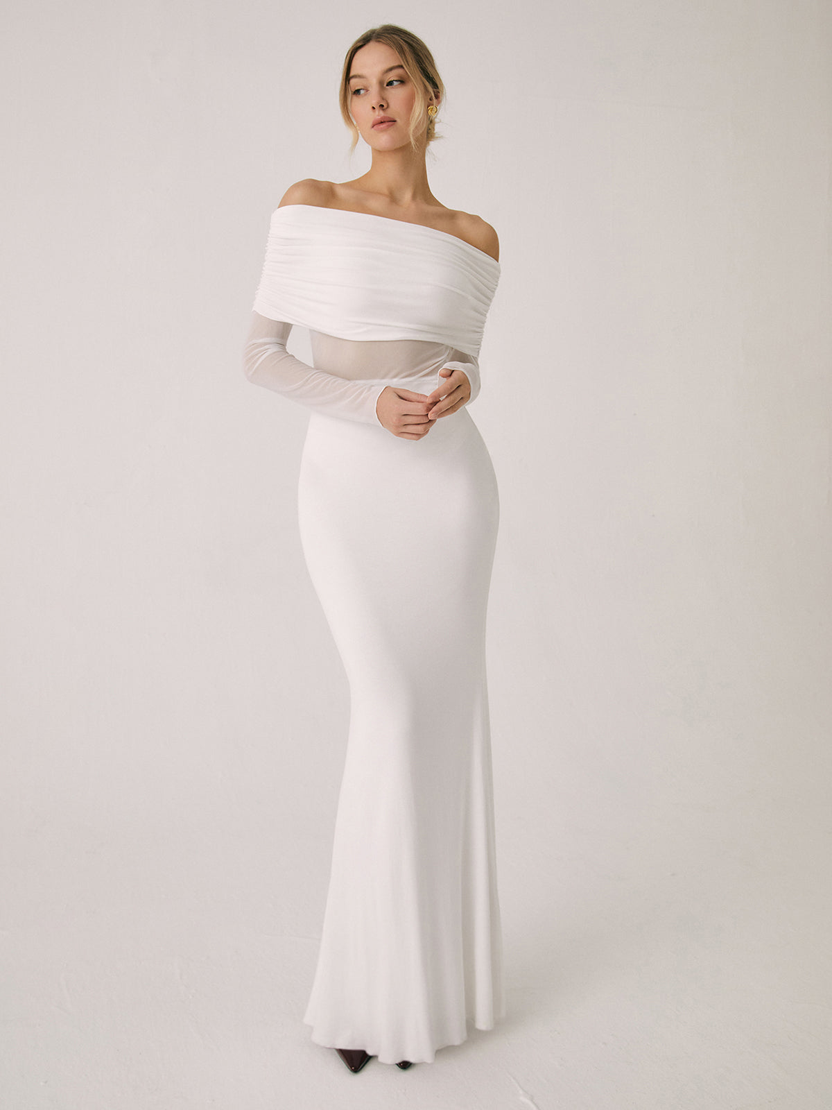 Semi-Sheer Off-Shoulder Mesh Long Sleeve Long Dress