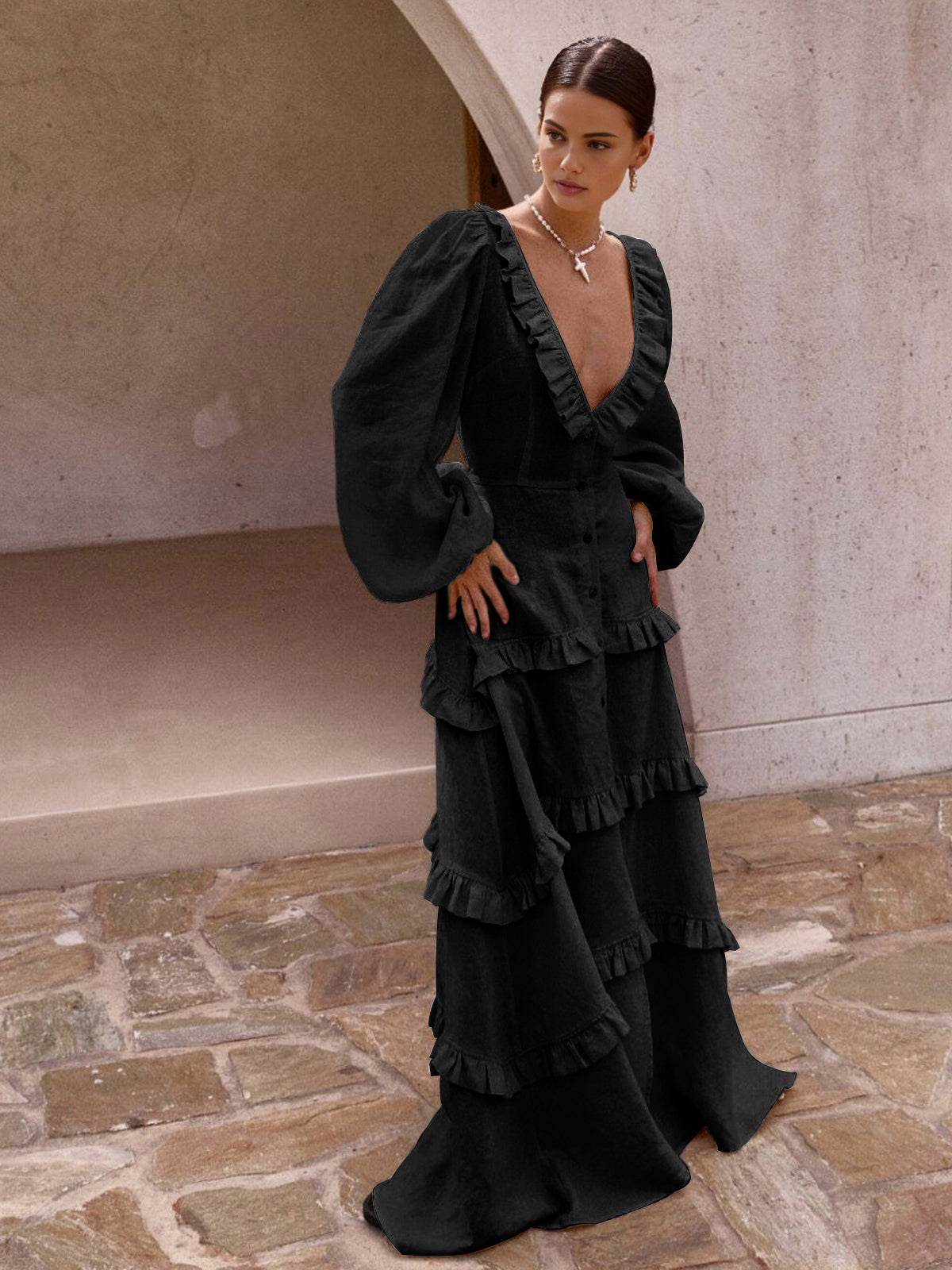 Cotton & Linen Semi-Sheer Ruffle Trim Long Dress