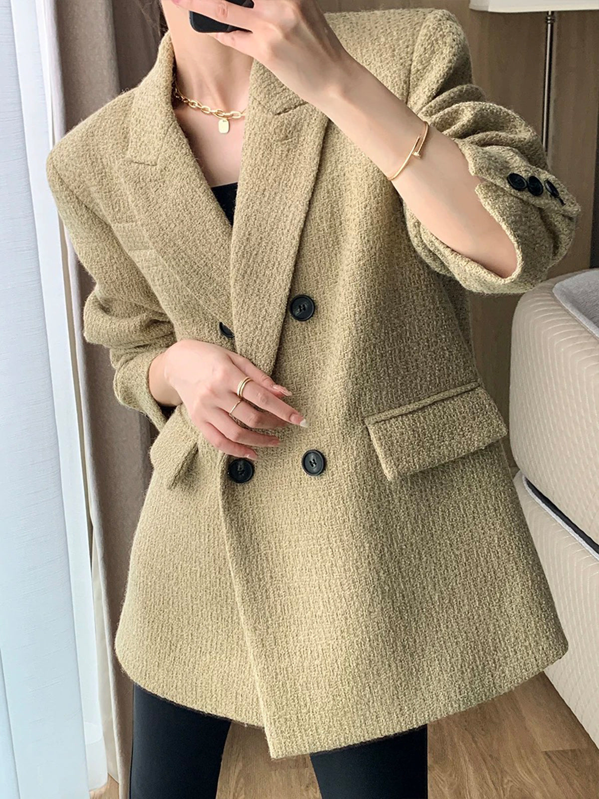 Doku Desenli Tweed Kapitone Ceket