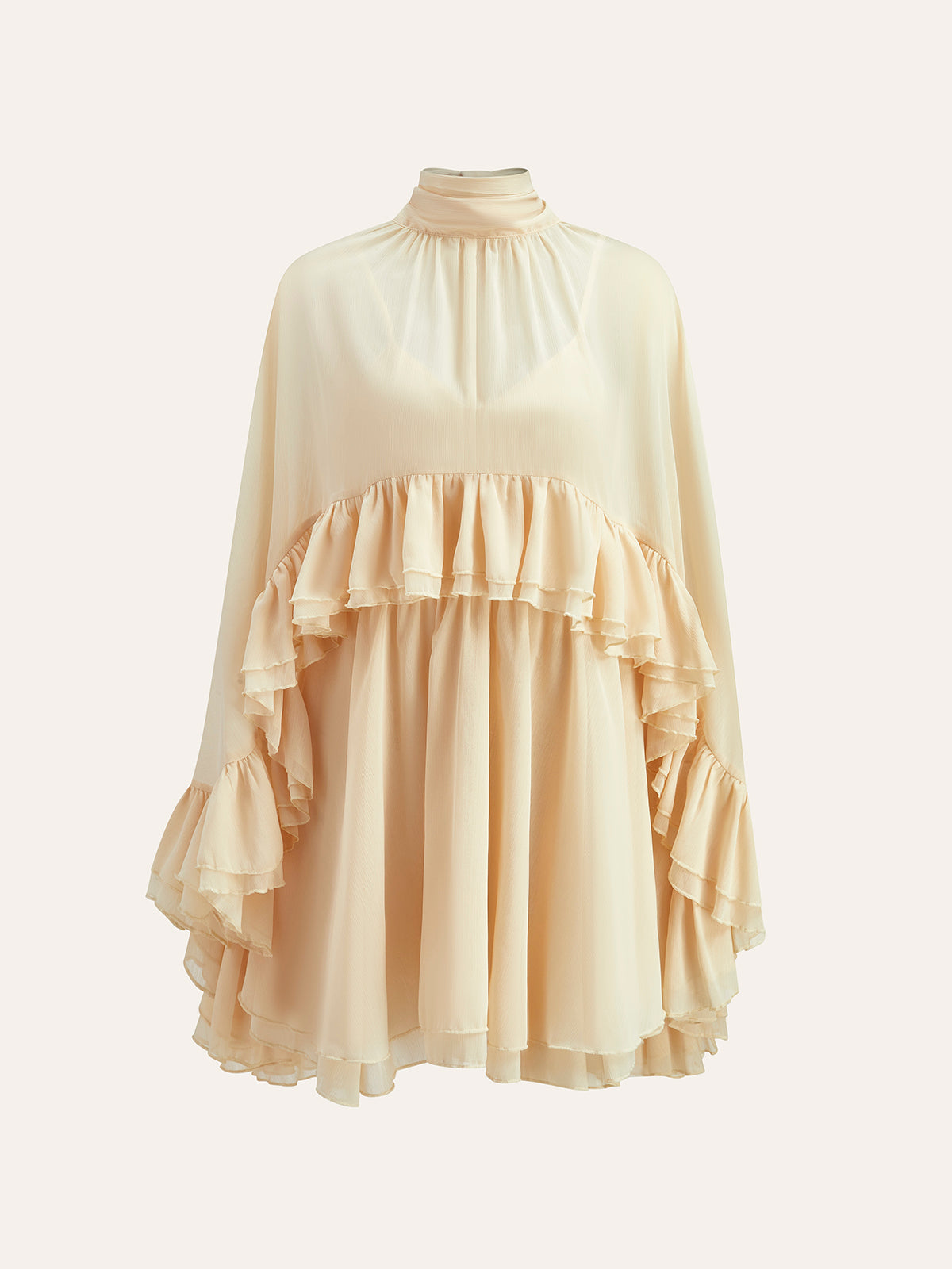 Chiffon Ruffle Dress With Outer Cape