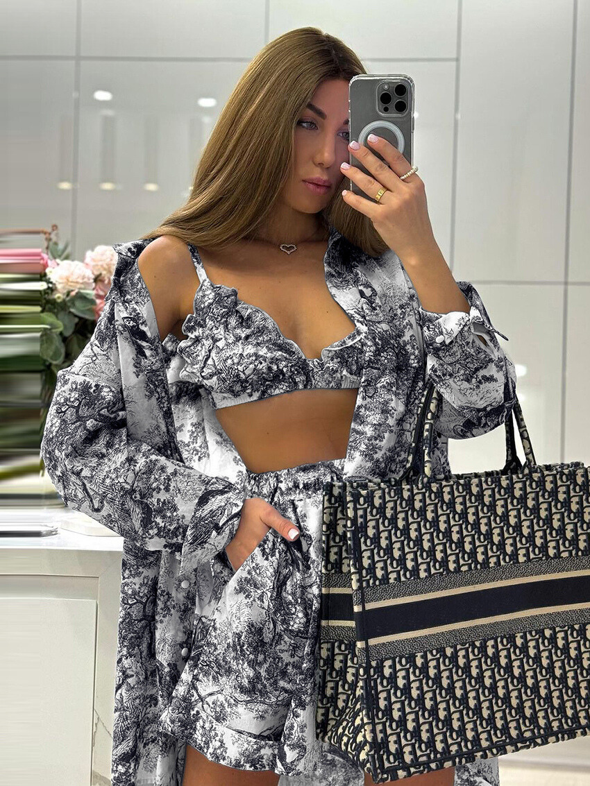 EDDY™ 2024 Elegant Long Sleeve Shirt + Bra With High Waist Shorts Set Streetwear