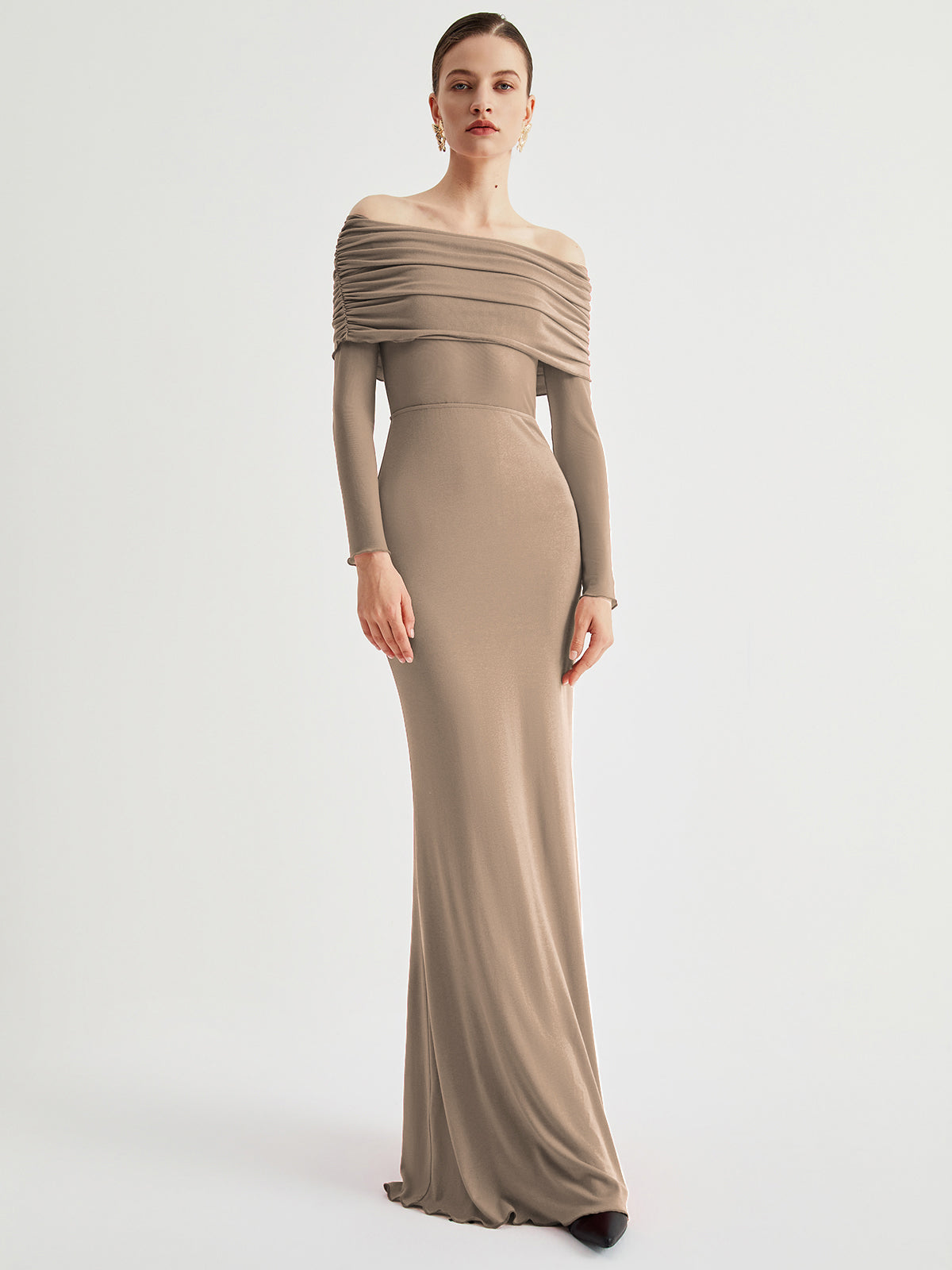 Semi-Sheer Off-Shoulder Mesh Long Sleeve Long Dress