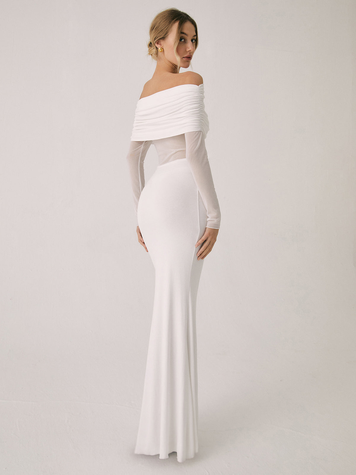 Semi-Sheer Off-Shoulder Mesh Long Sleeve Long Dress